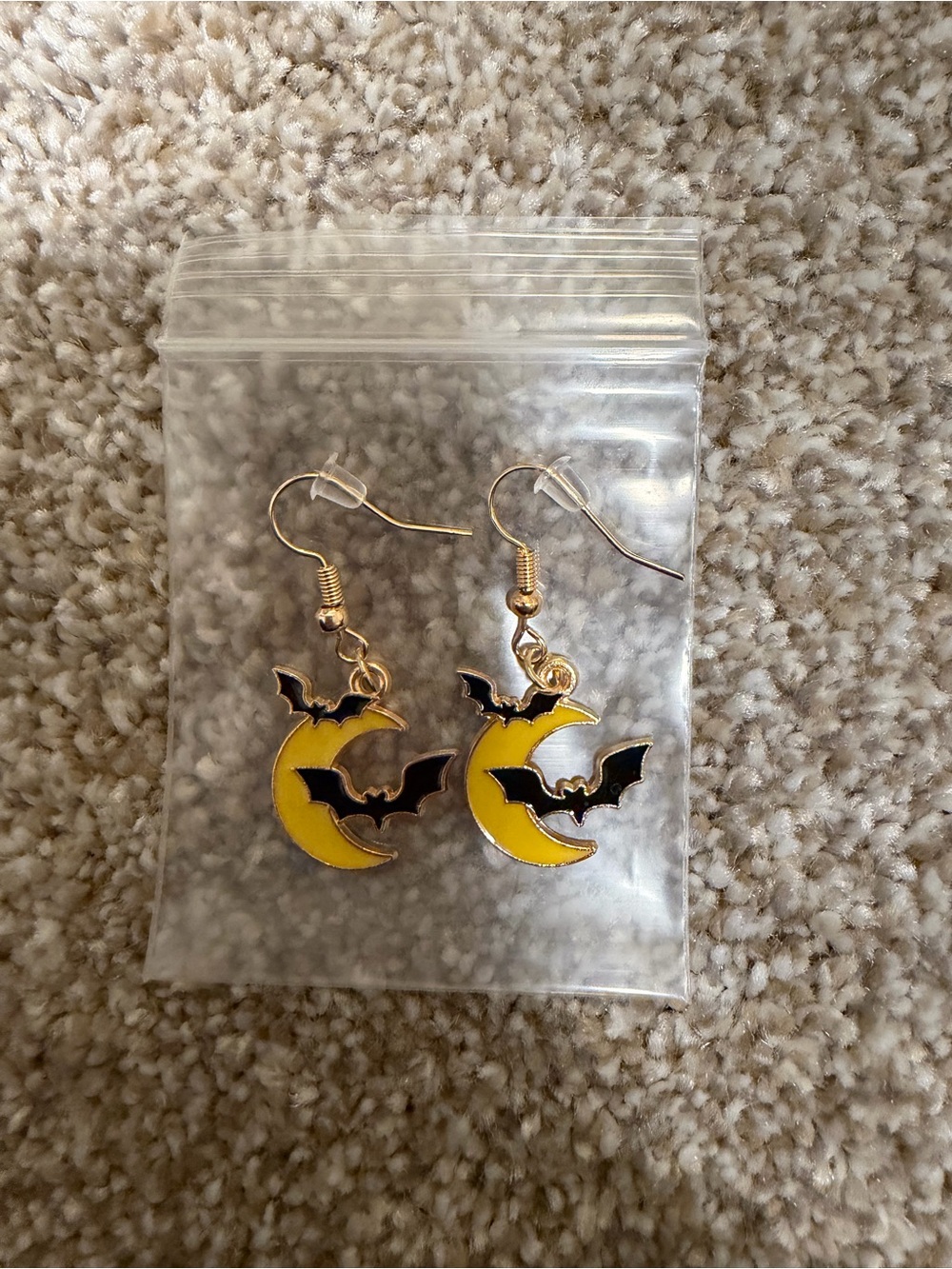 Yellow Crescent Moon & Black Bat Dangle Earrings